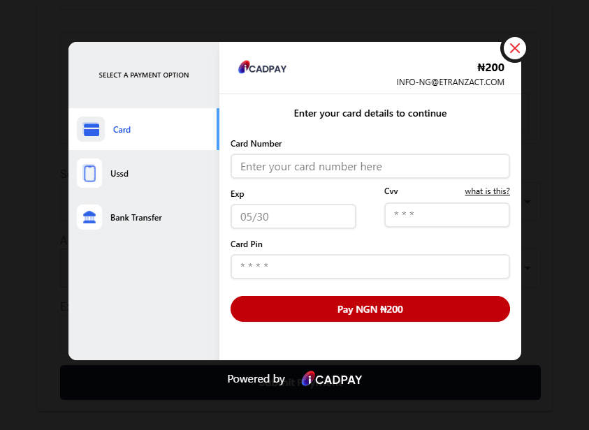 IcadPay checkout: select payment option including card, USSD, or bank transfer, with amount and merchant details